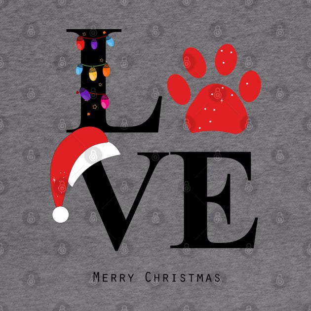 Love text with paw print and colorful light bulb.merry christmas by stark.shop